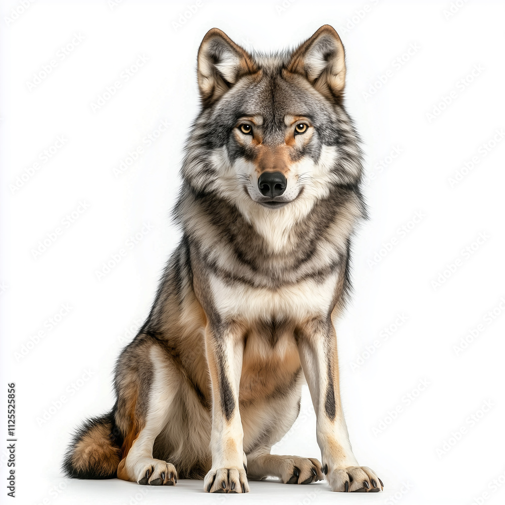 Fototapeta premium Pet Wolf Sitting Calmly on a White Background Looking Directly at the Viewer 