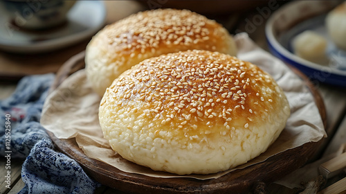 A closeup shot of Shanxis traditional delicacy Tai Gu Bing Tai Gu Cake Focus on a round golden and crispy Tai Gu Bing topped with evenly distributed sesame seeds The te photo