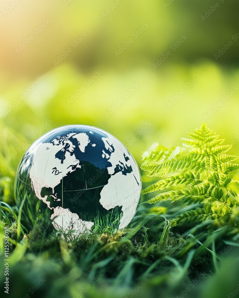 A Transparent Glass Globe Sitting on Lush Green Grass Surrounded by Delicate Fern Leaves under Soft Natural Light, Symbolizing Environmental Awareness and Nature Conservation A Transparent Glass Globe Sitting on Lush Green Grass Surrounded by Delicate Fern Leaves under Soft Natural Light, Symbolizing Environmental Awareness and Nature Conservation