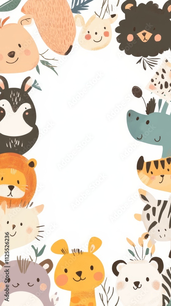 Naklejka premium Adorable Animal Faces Border Art