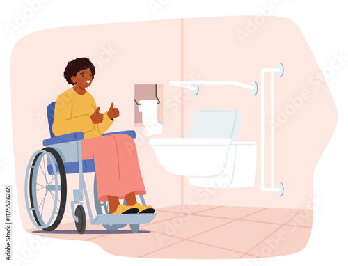 Inclusive woman cartoon character in wheelchair showing thumbsup recommended good WC service