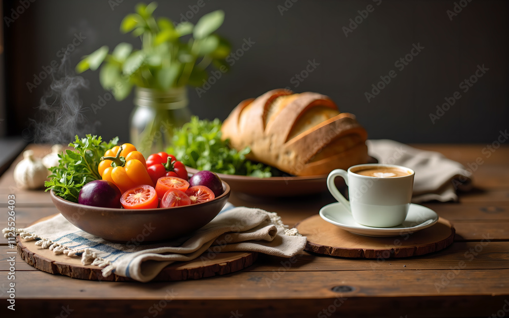 Rustic Breakfast Setting with Fresh Vegetables, Artisan Bread, and Steaming Coffee Rustic Breakfast Setting with Fresh Vegetables, Artisan Bread, and Steaming Coffee