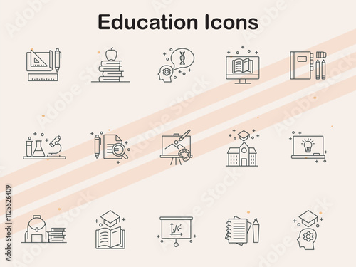 Icons representing education elements  including books  students  and academic subjects.