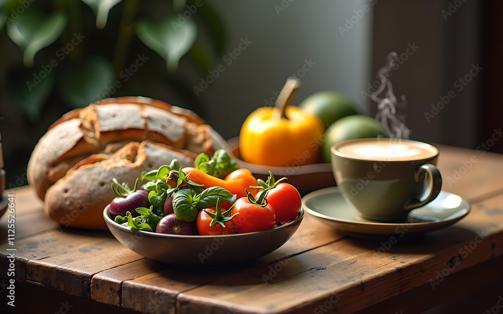 Rustic Breakfast Setting with Fresh Vegetables, Artisan Bread, and Steaming Coffee