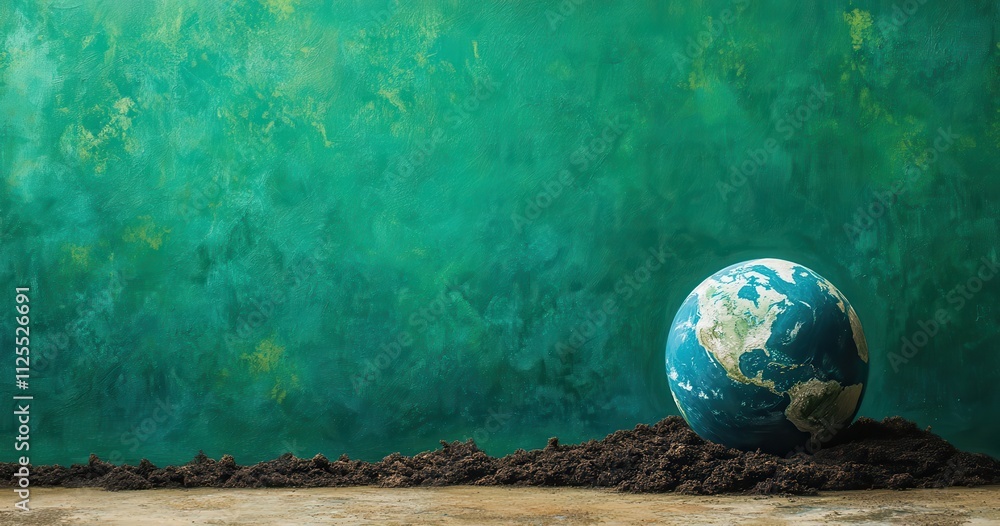 A Vibrant Earth Globe on Dark Soil Against a Textured Green Background, Symbolizing Environmental Awareness and Global Responsibility in Nature and Sustainability A Vibrant Earth Globe on Dark Soil Against a Textured Green Background, Symbolizing Environmental Awareness and Global Responsibility in Nature and Sustainability