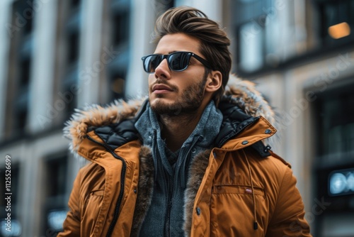 A person posing outside a structure, dressed casually with a jacket and sunglasses