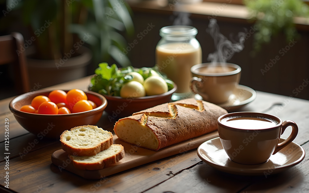 Rustic Breakfast Setting with Fresh Vegetables, Artisan Bread, and Steaming Coffee Rustic Breakfast Setting with Fresh Vegetables, Artisan Bread, and Steaming Coffee