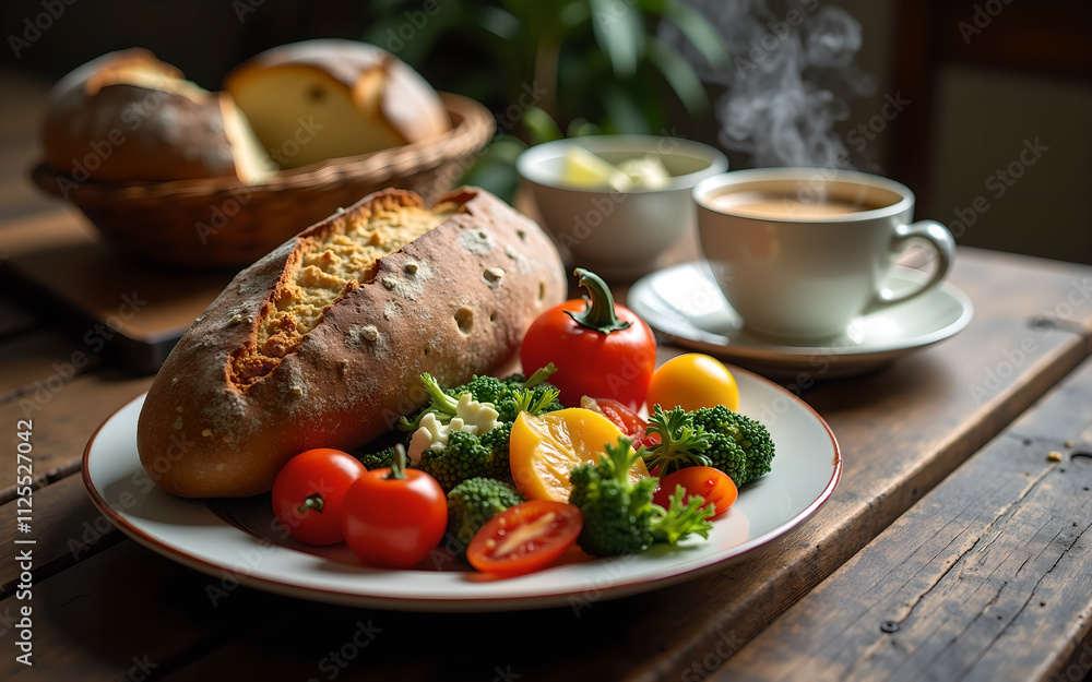 Rustic Breakfast Setting with Fresh Vegetables, Artisan Bread, and Steaming Coffee Rustic Breakfast Setting with Fresh Vegetables, Artisan Bread, and Steaming Coffee