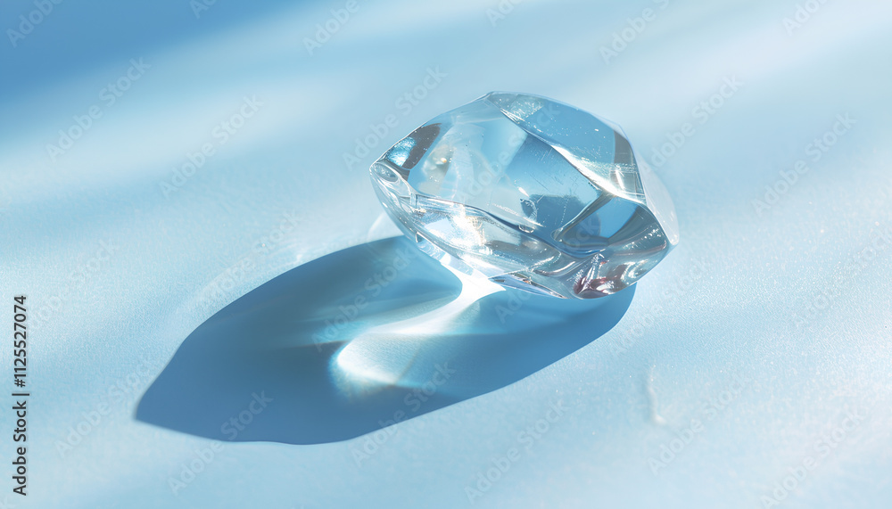 Crystal clear ice cube on light blue background, closeup. Color tone effect Crystal clear ice cube on light blue background, closeup. Color tone effect