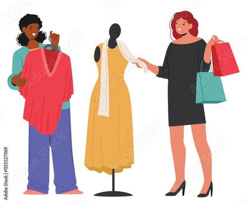 Friendly saleswoman helping fashion lady customer to choose new trendy outfit for summer season