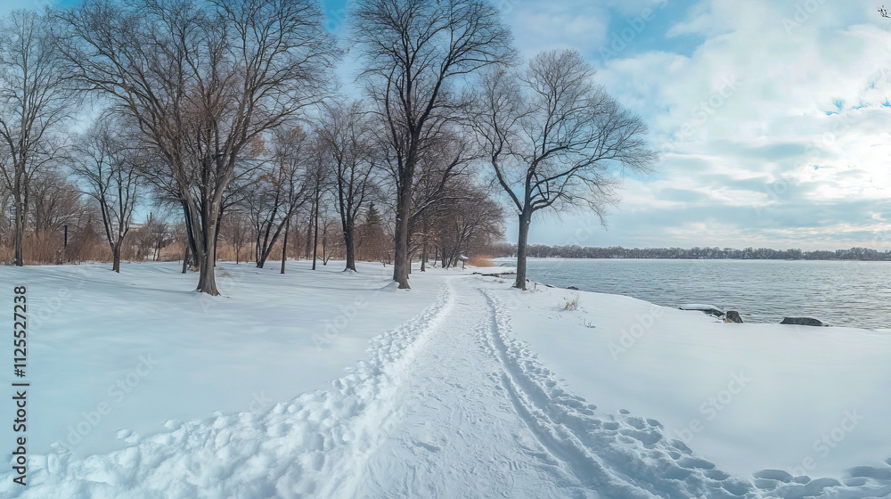 Obraz premium Snowy path in winter park by frozen lake under clear blue sky