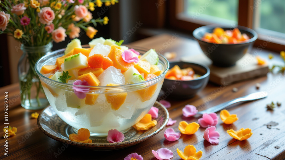 Colorful fresh fruit salad in a glass bowl with edible flowers on the table as decoration. Colorful fresh fruit salad in a glass bowl with edible flowers on the table as decoration.