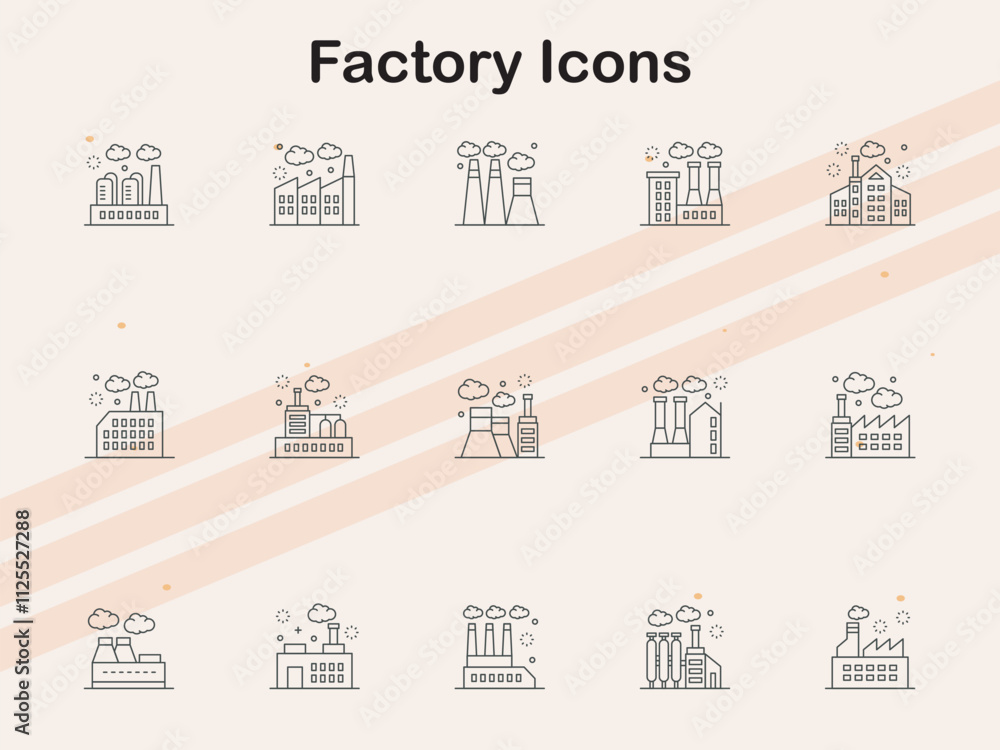 Icons representing industrial factories and manufacturing processes perfect for production and industry themes. Icons representing industrial factories and manufacturing processes perfect for production and industry themes.