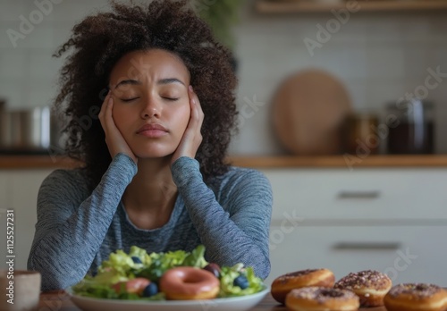 A Young Woman Struggles with Healthy Eating Choices Surrounded by Tempting Donuts and a Fresh Salad in a Bright Kitchen Setting