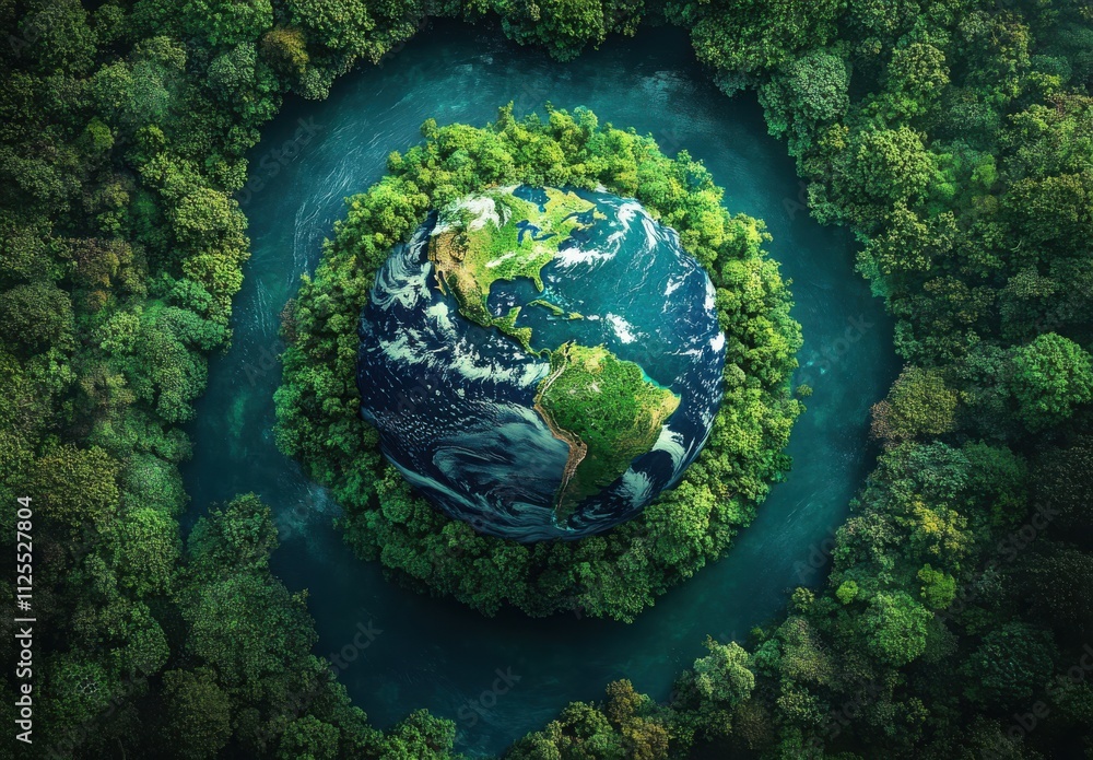 Aerial View of a Lush Green Forest Surrounding a Miniature Earth in a Serene River Landscape, Capturing the Beauty of Nature and Environmental Conservation Aerial View of a Lush Green Forest Surrounding a Miniature Earth in a Serene River Landscape, Capturing the Beauty of Nature and Environmental Conservation