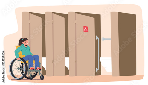 Little inclusive child cartoon character with physical disability in wheelchair accessible restroom