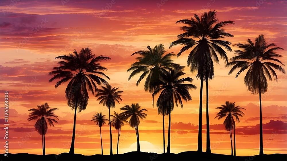 Palm tree silhouettes at a tropical sunrise or sunset Palm tree silhouettes at a tropical sunrise or sunset