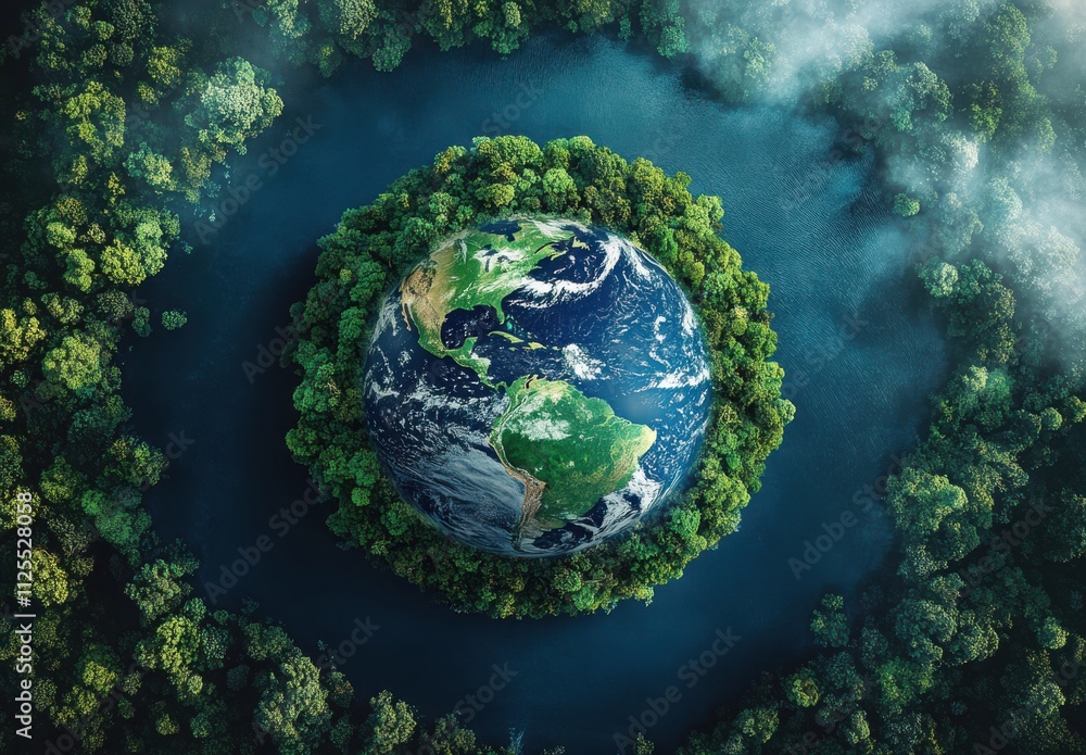 Fototapeta premium Aerial View of Earth Surrounded by Lush Green Forests and Serene Water, Symbolizing Environmental Conservation and Global Awareness for Nature Lovers