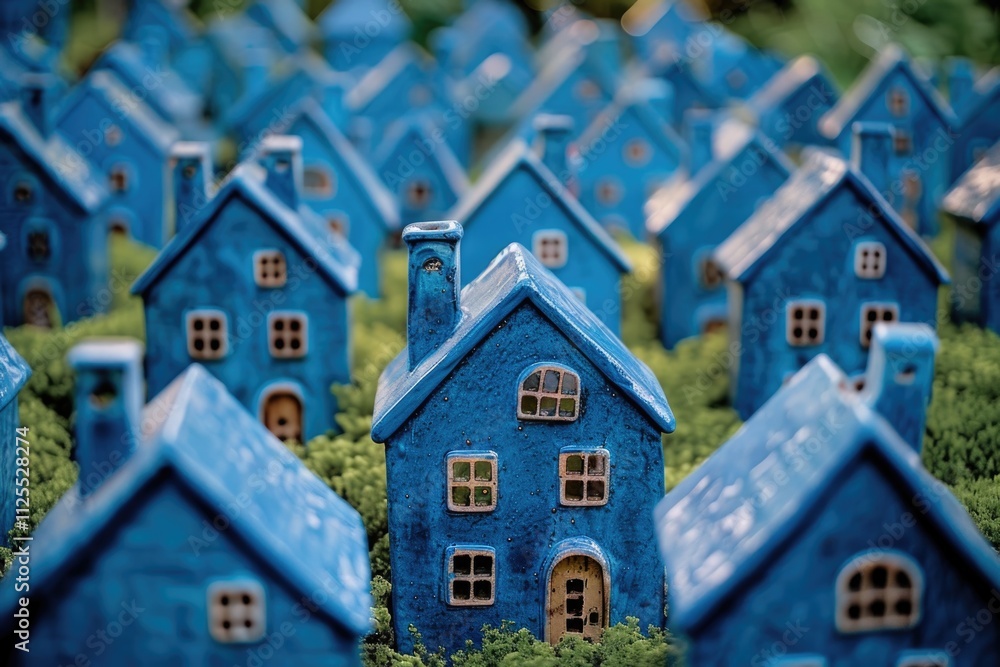 A group of small blue houses surrounded by trees and foliage, perfect for use in illustrations or backgrounds A group of small blue houses surrounded by trees and foliage, perfect for use in illustrations or backgrounds