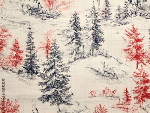 Winter Forest Landscape: Red and Blue Trees, Deer,  Hand-Drawn Style Fabric Print photo