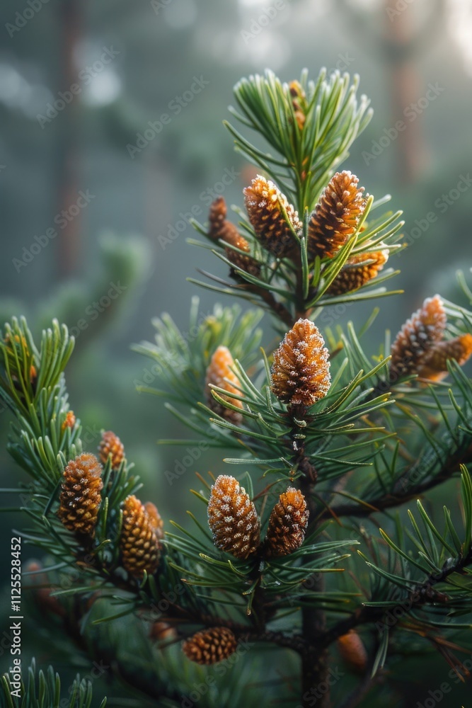 A detailed view of pine tree cones on a branch, great for nature and outdoors themed designs A detailed view of pine tree cones on a branch, great for nature and outdoors themed designs