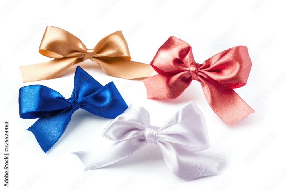 Three colorful bows arranged on a clean white surface, perfect for decoration or gift wrapping Three colorful bows arranged on a clean white surface, perfect for decoration or gift wrapping