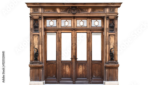 Beautiful old-fashioned wooden door and transom window isolated on white photo