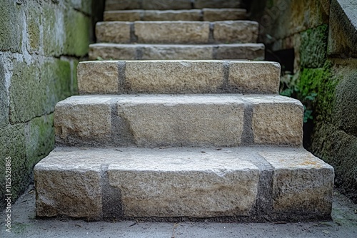 A cat sitting on the steps of a stone building, possibly looking out or observing its surroundings photo