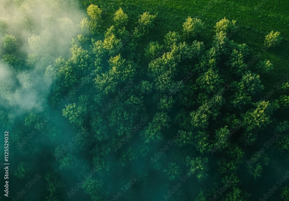 Aerial View of Lush Green Trees Surrounded by Misty Fog in a Serene Landscape, Capturing the Beauty of Nature and Tranquility in an Open Field Aerial View of Lush Green Trees Surrounded by Misty Fog in a Serene Landscape, Capturing the Beauty of Nature and Tranquility in an Open Field