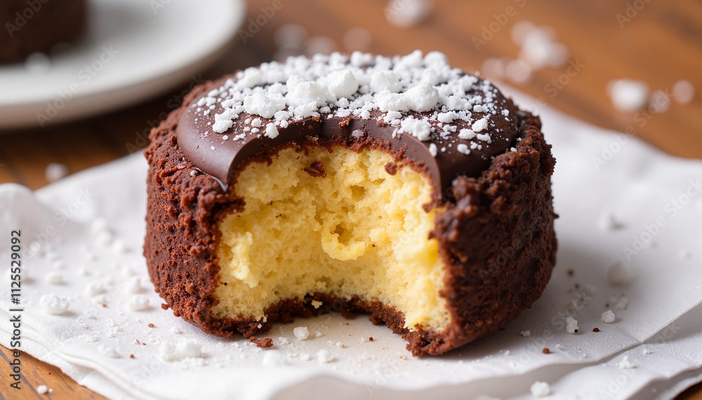 Mini chocolate-covered vanilla cake with powdered sugar topping Mini chocolate-covered vanilla cake with powdered sugar topping