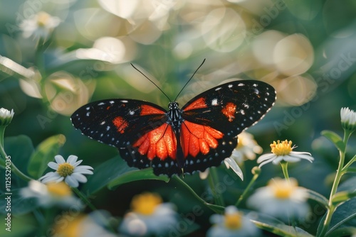 A close-up of a colorful butterfly perched on a blooming flower, great for nature or wildlife photography projects photo