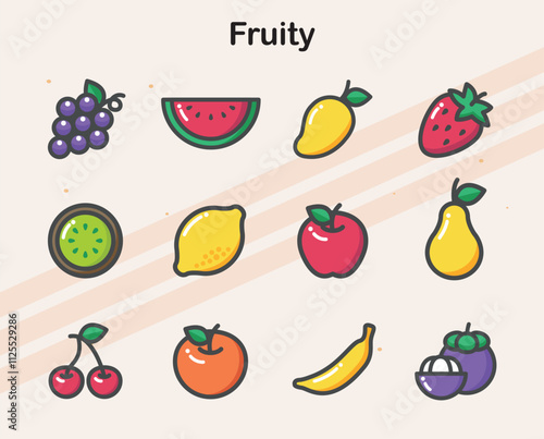 An icon set featuring vibrant  colorful fruit illustrations for fresh and organic projects.