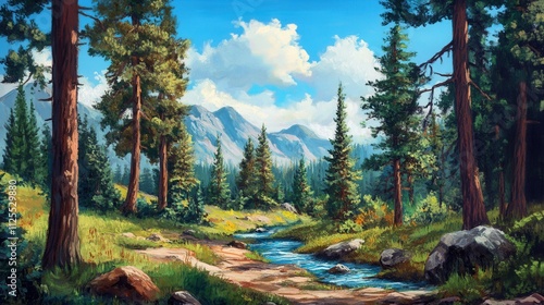 Sunny mountain forest scene with river and trail.