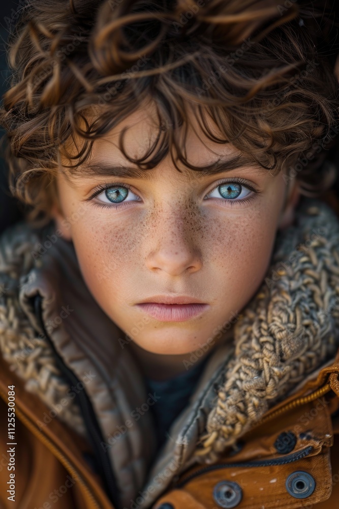 A close-up portrait of a young child with distinct freckles on their face