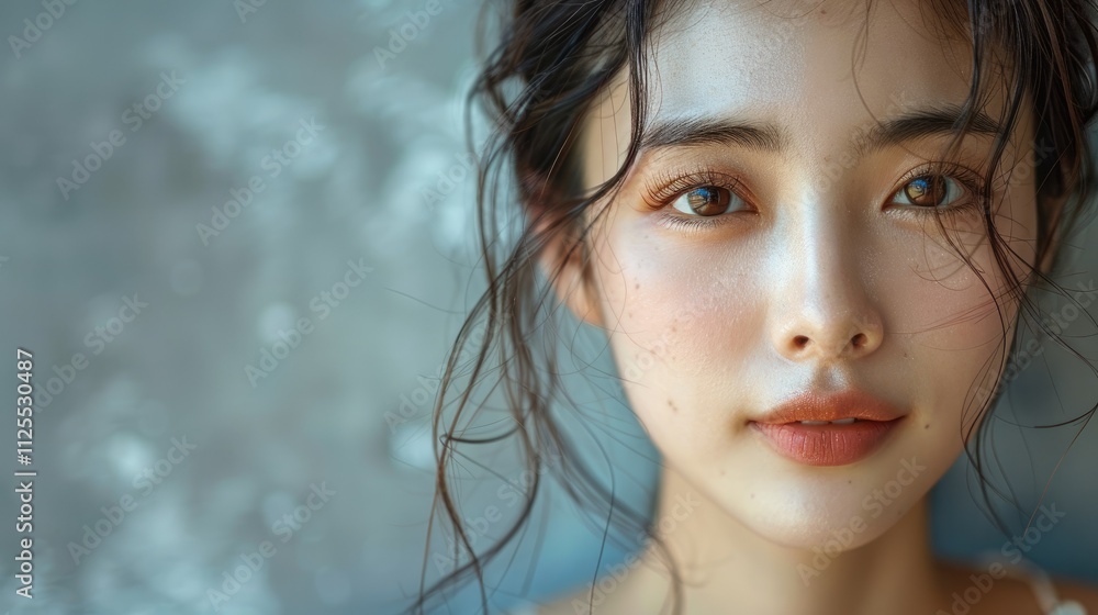 Close-up portrait of a young woman with dark hair and subtle makeup, looking directly at the camera against a textured background. Close-up portrait of a young woman with dark hair and subtle makeup, looking directly at the camera against a textured background.