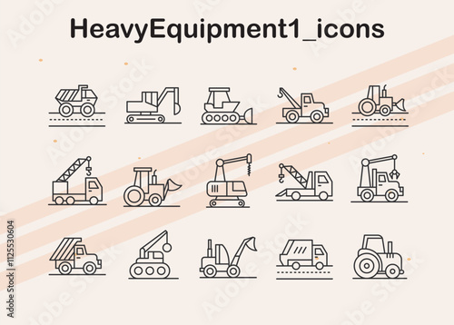 Icons depicting heavy machinery and equipment  ideal for construction  industry  and manufacturing designs.