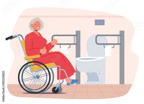 Senior woman cartoon character in wheelchair approving high quality service of pubic WC service