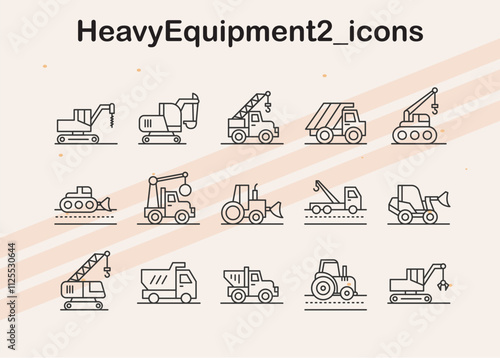 Second part of heavy equipment icons  focusing on machinery and tools for industrial and construction use.