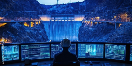 A technician monitors hydroelectric power generation in a control room, showcasing the fusion of technology and renewable energy management.