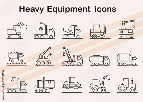 Fifth installment of heavy equipment icons  covering a variety of machinery for construction  transportation  and industry.