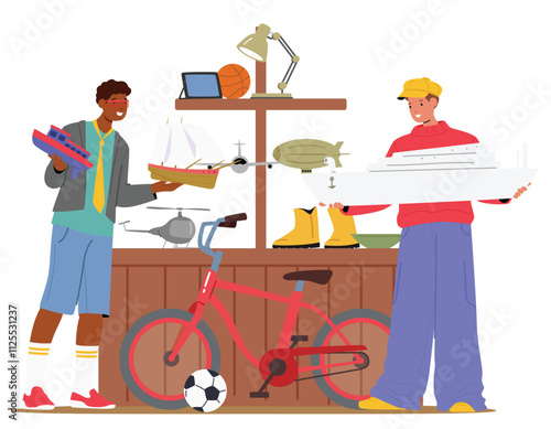 Teenage boy customer cartoon character choosing buying antique toys at weekend garage sale