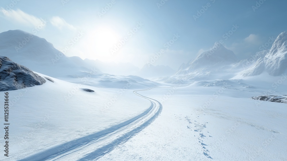 Snow tracks leading through a sunlit snowy plain to distant mountains Snow tracks leading through a sunlit snowy plain to distant mountains