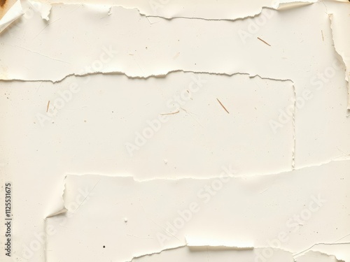 A close-up shot of a white paper backdrop with ripped edges, featuring scattered torn pieces and text fragments, torn, white paper