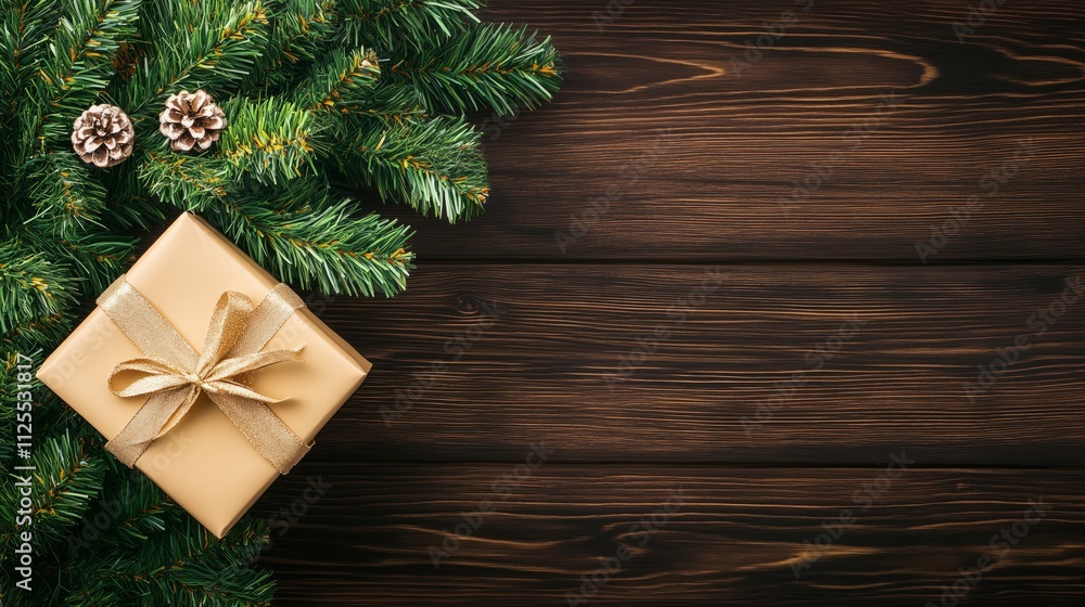 Brown box with a gold ribbon sits on a wooden table Brown box with a gold ribbon sits on a wooden table