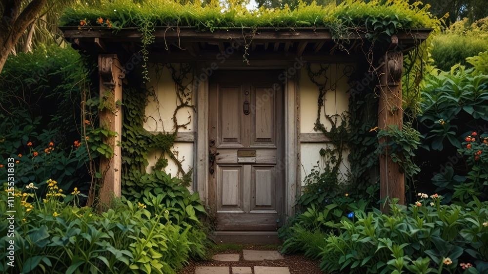 Rustic wooden door nestled in lush garden, overgrown with greenery, peaceful cottage exterior. Rustic wooden door nestled in lush garden, overgrown with greenery, peaceful cottage exterior.
