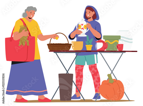 Senior woman customer choosing obsolete second hand household items at neighborhood garage sale