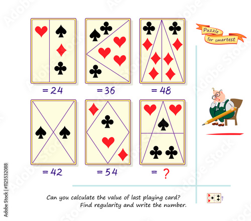 Logic puzzle game for smartest. Can you calculate the value of last playing card? Find regularity and write the number. Brain teaser book for children and adults. IQ test. Vector illustration.