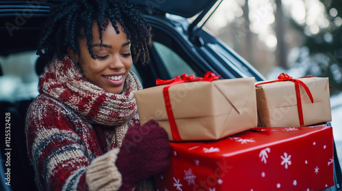Smiling woman packing christmas gifts into a car