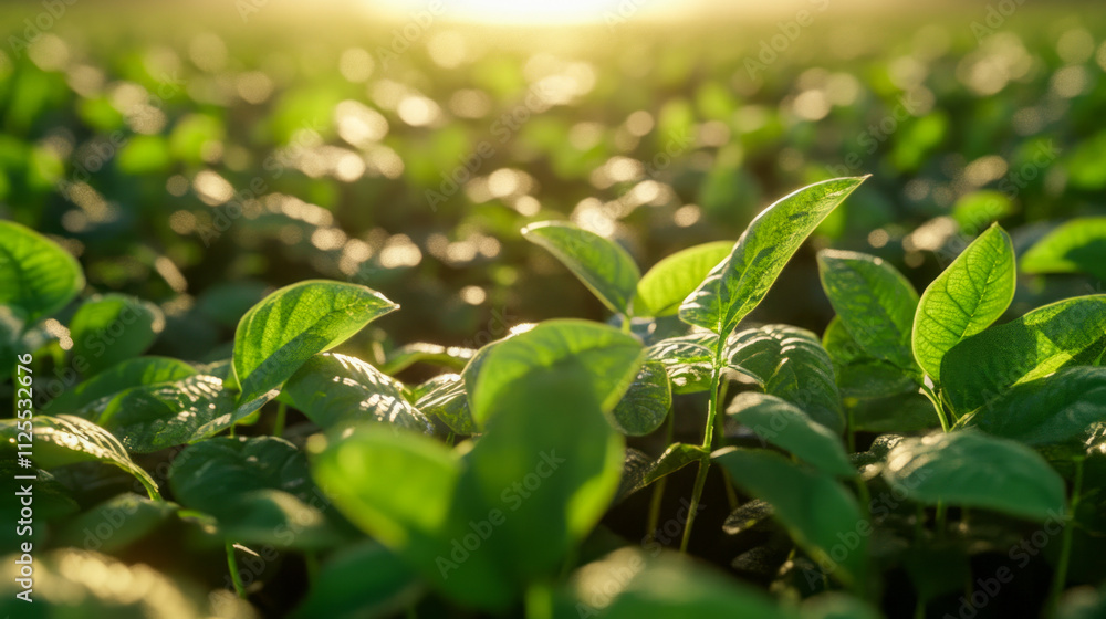 Obraz premium Lush green leaves in sunlit field at dawn