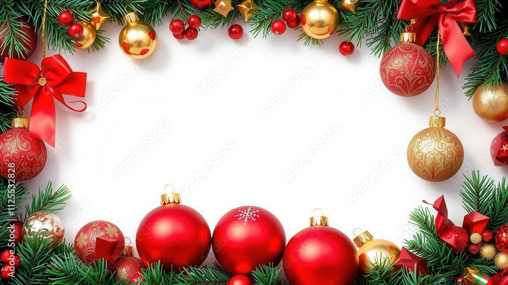 Beautiful banner featuring a variety of colorful Christmas balls with text space, Christmas, red, holiday Beautiful banner featuring a variety of colorful Christmas balls with text space, Christmas, red, holiday